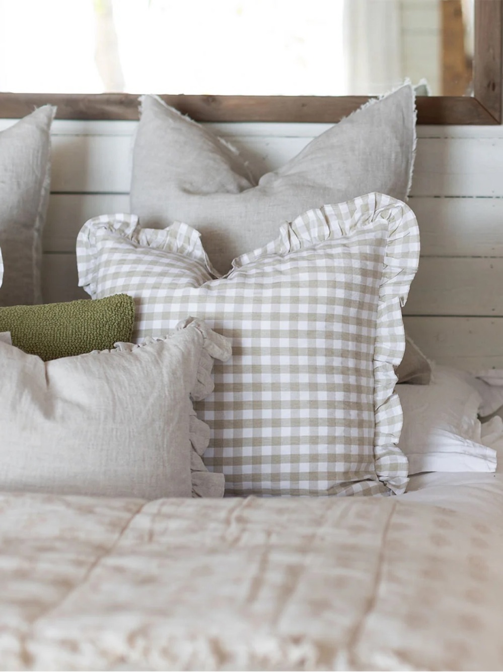 Jilly Box Fall 26 Gingham Ruffle Pillow Cover in Beige - Soft Neutral Accent